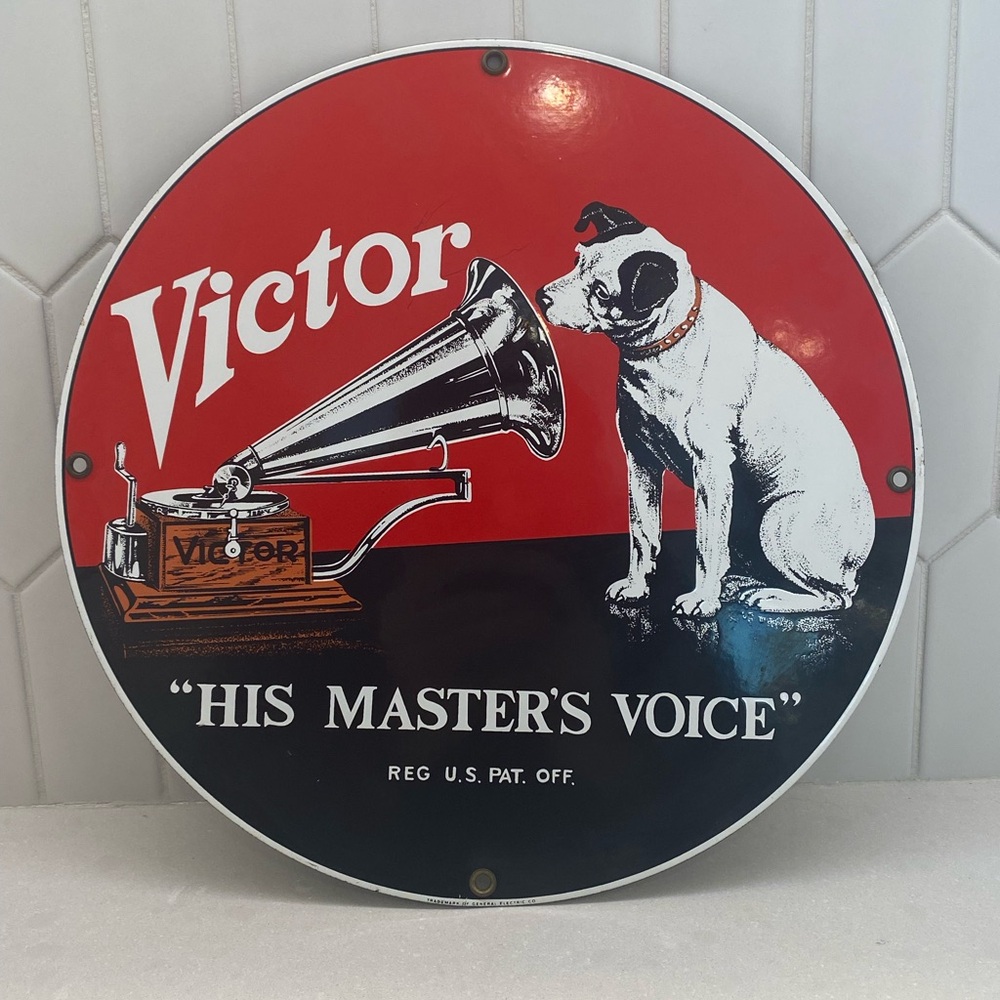 RCA VICTOR 11” PORCELAIN SIGN RECORD PLAYER GAS OIL NIPPER DOG Ande Rooney